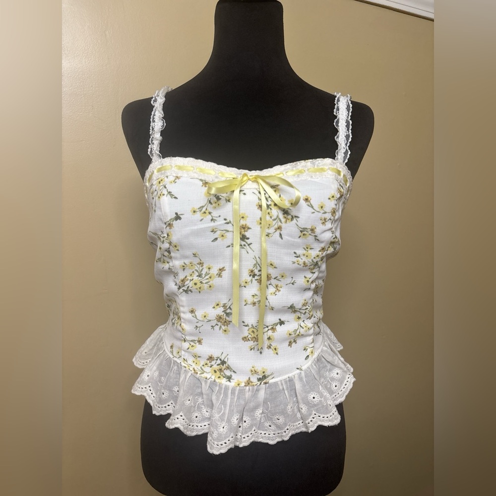 White & Yellow Floral Lace-Trim Cami Top